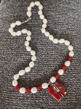 Pearl and Red Jade Necklace with Red Jade Elephant Pendant